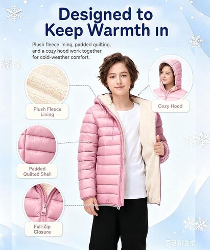 Kids Hooded Winter Coats Sherpa Fleece Lined Water-Resistant Puffer Jacket Hoodie Outerwear in Saudi Arabia
