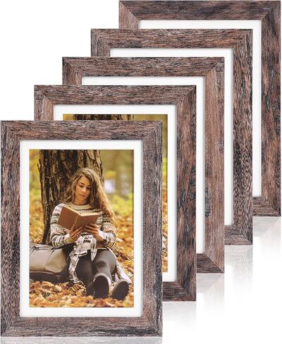 Fixwal 5x7 Picture Frames Set of 5, Rustic Brown Wood Grain with Tempered Real Glass, Vintage Photo Frames for Wall Decor Mounting and Tabletop Display in Kuwait