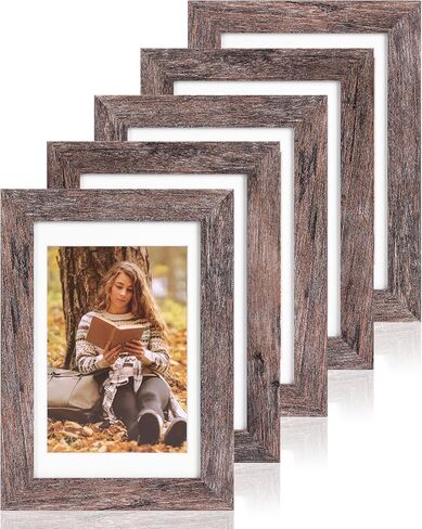 Fixwal 5x7 Picture Frames Set of 5, Rustic Brown Wood Grain with Tempered Real Glass, Vintage Photo Frames for Wall Decor Mounting and Tabletop Display in Kuwait