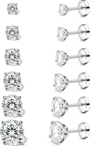 6 Pairs 20G Hypoallergenic Flat Back Earrings 316L Stainless Steel Silver Studs with Cubic Zirconia Birthstone Cartilage Earrings for Sensitive Ears Women Men in Saudi Arabia