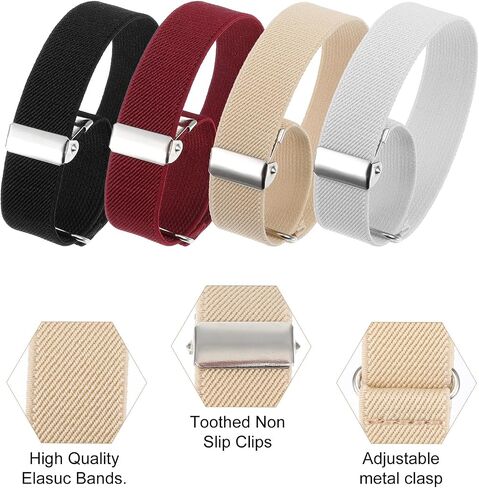 8 Pcs Elastic Adjustable Armbands, Unisex Stretchy Sleeve Garters with Non-Slip Design, 4 Pairs Shirt Holders for Secure Fit (Black, Khaki, White, Burgundy, 4.33-6.5 In) in Saudi Arabia