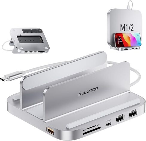 حامل Mac Mini Hub مع حاوية M.2 PCIe NVMe SSD، قاعدة توصيل Mac Mini عمودية 8 في 1 مع USB A/C 3.2 بسرعة 10 جيجابت في الثانية، 2 × USB A 2.0، قارئ بطاقة SD/TF، ​​مقبس صوت/ميكروفون 3.5 ملم لعام 2018 لاحقًا ماك ميني M2/M1 in Saudi Arabia