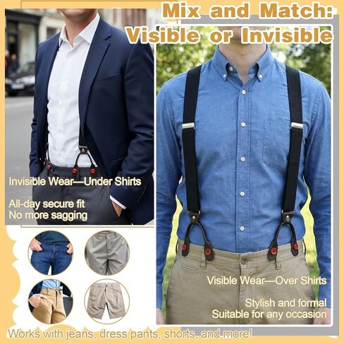 Men’s Adjustable Y-Back Suspenders – 1.4" Wide Elastic Button Braces with Leather Ends, Formal Work & Wedding Accessory, Heavy Duty Comfortable for Suit, Tuxedo & Dress Pants in Kuwait