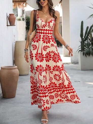 Women's Spaghetti Strap V Neck Tribal Paisley Print Maxi Dress, Boho Vacation Dress in Kuwait