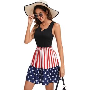 American Flag Star Vertical Striped Splicing Ruffled Mini Dress Womens 4th of July Sleeveless Dress with Pockets in Saudi Arabia