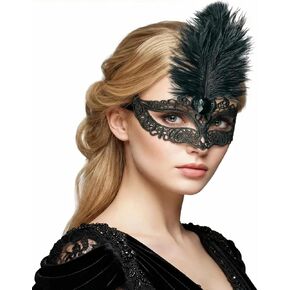 Black Lace Masquerade Mask for Women,1920s Venetian Feather Eye Mask with Gold Rhinestones for Mardi Gras Halloween in Saudi Arabia