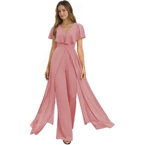 Mother of The Bride Jumpsuit for Wedding Bridesmaid Chiffon Pantsuits with Cloak Sleeves KV015 in Saudi Arabia