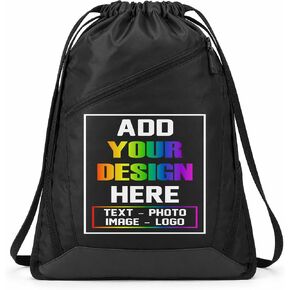 Custom Zipper Personalized Drawstring Backpack with Custom Name, Text, Logo or Uploaded Design (Black) in Saudi Arabia