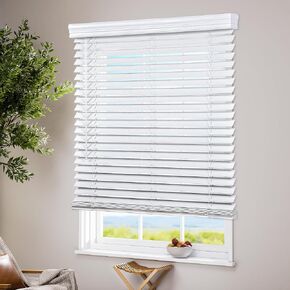 LazBlinds ستائر خشبية صناعية لاسلكية مع ستارة تاج، تعتيم الغرفة والتحكم في الإضاءة، ستائر نافذة أفقية مقاس 2 بوصة، ستائر للنوافذ الداخلية - عرض 47 بوصة × ارتفاع 48 بوصة، أبيض in Kuwait