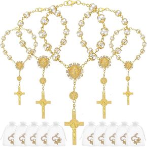18 Sets Gold/Silver Mini Rosary Bracelet Bulk, Rosarios Catolicos Baptism Favors for Guests, Recuerdos De Bautizo Small Rosary Beads Organza Bags, Christening Communion Weddings Baptism Party Favors in Saudi Arabia