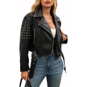 LY VAREY LIN Women's Rivet Studded Faux Leather Cropped Moto PU Jacket Punk Streetwear Coat in Kuwait
