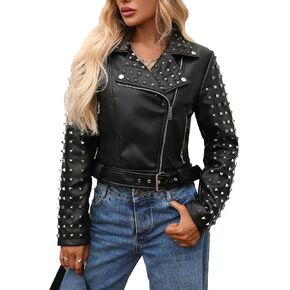 LY VAREY LIN Women Punk Faux Leather Rivet Studded Moto PU Jacket Motorcycle Streetwear Coat in Kuwait