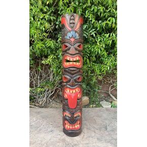 Tiki Totem Hawaiian Three Face Tongue Wood Mask Tropical Bar Patio Decor 39"x 6" in Kuwait