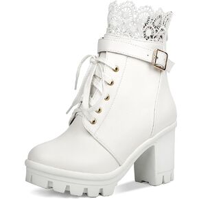 BEAUPAS Womens Ankle Boots Go Go Boots White Lace Up Platform Boots Chunky Heels for Women Heeled Combat Boots Motorcycle Boots Punk Shoes(White,8) in Saudi Arabia