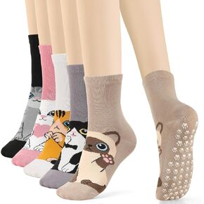 5 Pairs Pilates Grip Socks for Women Yoga Grippy Socks Cute Cozy Animal Pattern Athletic Crew Sock Workout Hospital in Kuwait