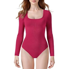 Laughido Women's Square Neck Long Sleeve Ribbed Knit Fitted Bodysuit Casual Basic T Shirt Tops 2025 Trendy in Saudi Arabia