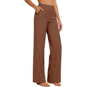 Womens Cotton Linen Pants Petite 2026 Summer Lightweight High Waist Straight Leg Solid Beach Casual Lounge Trousers in Kuwait