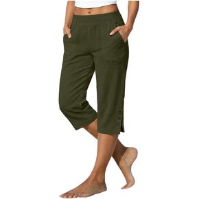 Linen Capris Pants Women Casual Summer Wide Leg Capris Pants Loose Fit Cropped Trousers Beach Capris with Pockets in Kuwait