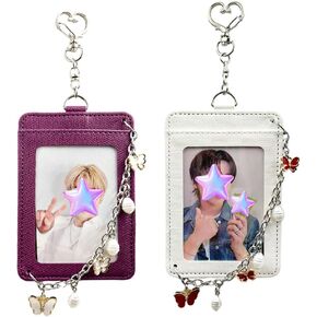 K-pop Photocard Holder Keychain with Heart and Star Charms, Hard Protective Card Case,Chain Decoration, Purple and White, 2 pcs in Saudi Arabia