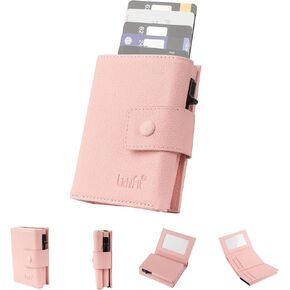 محفظة حامل بطاقات مع حافظة بطاقات منبثقة RFID/NFC حماية ضد الانزلاق، حزمة بطاقات ثلاثية الطي مع فتحة للنقود ونافذة لبطاقة الهوية وفتحات متعددة للبطاقات (وردي) in Saudi Arabia