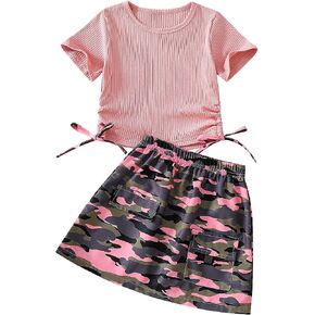 Girls' 2-Piece Skirt Set Round Neck Drawstring Double Cropped T-Shirts and Camouflage Skirt Outfits in Saudi Arabia