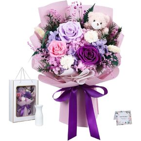 Preserved Flowers Bouquet with Bear, Handmade Mixed Roses Bouquet, Gift Box and Vase Included, Eternal Flowers for Delivery, Birthday Anniversary Mother's Day for Mom Girlfriend Wife in Kuwait