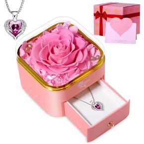 Preserved Real Rose with Necklace – Eternal Flowers Gift for Mom, Grandma, Wife or Girlfriend – Birthday, Mother’s Day, Valentine’s Day for Women (Pink) in Saudi Arabia