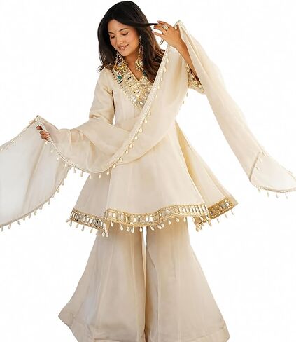 Women’s Organza Silk Kurti Sharara Set with Dupatta, Full Sleeve Ethnic Outfit with Mirror Work Lace Border, Ready to Wear in Kuwait