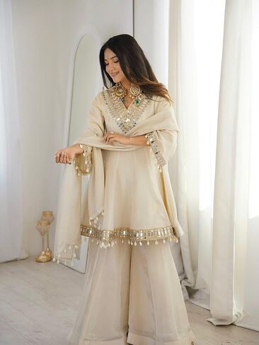 Women’s Organza Silk Kurti Sharara Set with Dupatta, Full Sleeve Ethnic Outfit with Mirror Work Lace Border, Ready to Wear in Kuwait