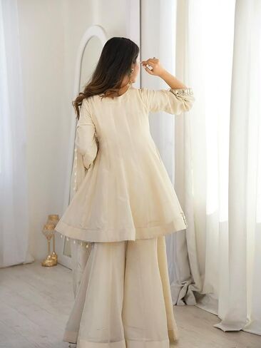 Women’s Organza Silk Kurti Sharara Set with Dupatta, Full Sleeve Ethnic Outfit with Mirror Work Lace Border, Ready to Wear in Kuwait
