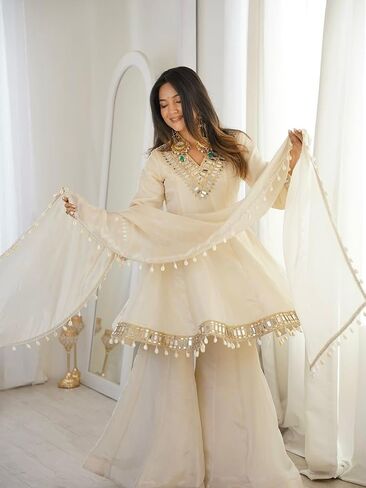 Women’s Organza Silk Kurti Sharara Set with Dupatta, Full Sleeve Ethnic Outfit with Mirror Work Lace Border, Ready to Wear in Kuwait