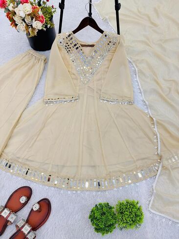 Women’s Organza Silk Kurti Sharara Set with Dupatta, Full Sleeve Ethnic Outfit with Mirror Work Lace Border, Ready to Wear in Kuwait