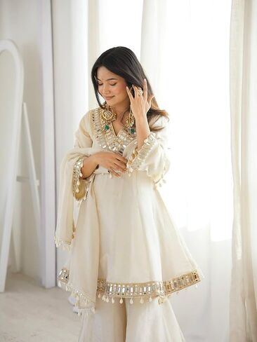 Women’s Organza Silk Kurti Sharara Set with Dupatta, Full Sleeve Ethnic Outfit with Mirror Work Lace Border, Ready to Wear in Kuwait