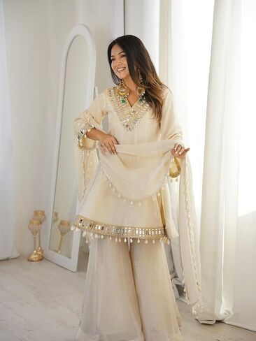 Women’s Organza Silk Kurti Sharara Set with Dupatta, Full Sleeve Ethnic Outfit with Mirror Work Lace Border, Ready to Wear in Kuwait