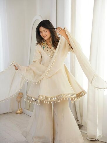 Women’s Organza Silk Kurti Sharara Set with Dupatta, Full Sleeve Ethnic Outfit with Mirror Work Lace Border, Ready to Wear in Kuwait