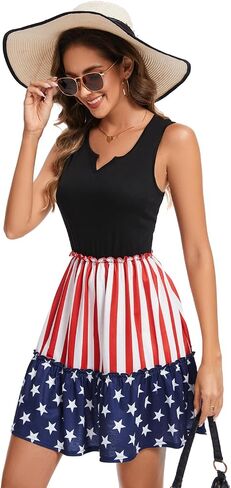 American Flag Star Vertical Striped Splicing Ruffled Mini Dress Womens 4th of July Sleeveless Dress with Pockets in Saudi Arabia