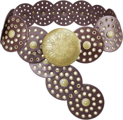Wide Western Cowboy Disc Belt for Women Concho Cowgirl Vintage PU Leather Waist Belt Boho Style for Jeans Dress Skirt in Kuwait