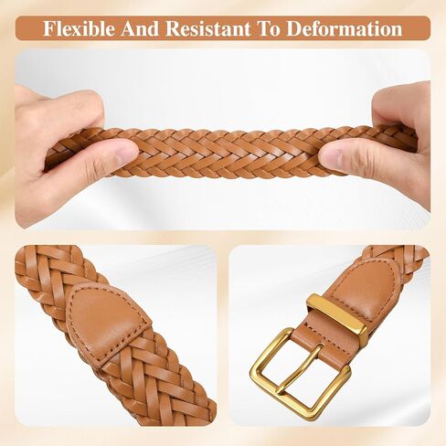 TRIWORKS Women's Braided Woven Leather Belt with Gold Buckle Belts for Women Versatile for Jeans Pants Dress in Kuwait