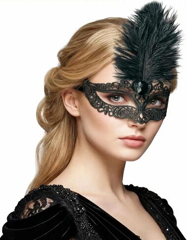 Black Lace Masquerade Mask for Women,1920s Venetian Feather Eye Mask with Gold Rhinestones for Mardi Gras Halloween in Saudi Arabia