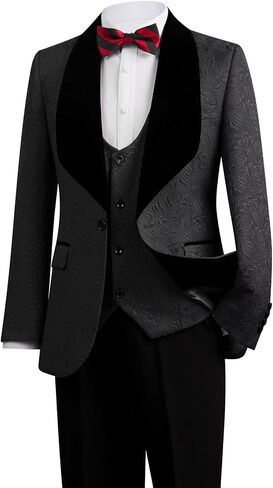 Men's Suit 3-Piece Slim Fit Floral Print Tuxedo Set | Shawl Lapel Jacquard Blazer, Vest & Black Dress Pants in Saudi Arabia