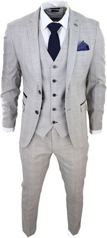 Mens Light Grey 3 Piece Suit Navy Blue Check Velvet Trims Wedding Tailored Fit Classic in Saudi Arabia