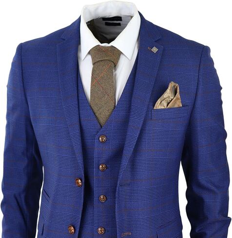 Mens Blue Brown Check 3 Piece Suit Tailored Fit Wedding Prom Races Prince of Wales in Saudi Arabia