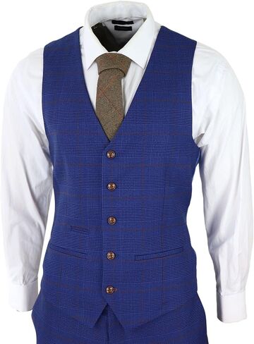 Mens Blue Brown Check 3 Piece Suit Tailored Fit Wedding Prom Races Prince of Wales in Saudi Arabia