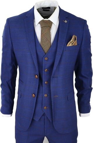 Mens Blue Brown Check 3 Piece Suit Tailored Fit Wedding Prom Races Prince of Wales in Saudi Arabia
