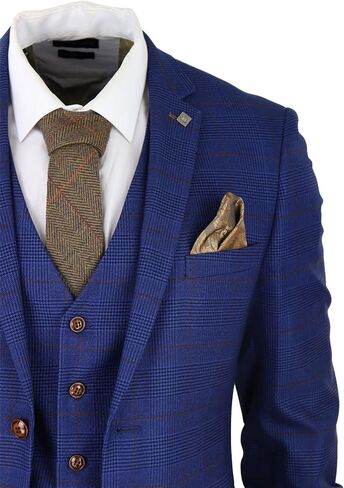 Mens Blue Brown Check 3 Piece Suit Tailored Fit Wedding Prom Races Prince of Wales in Saudi Arabia