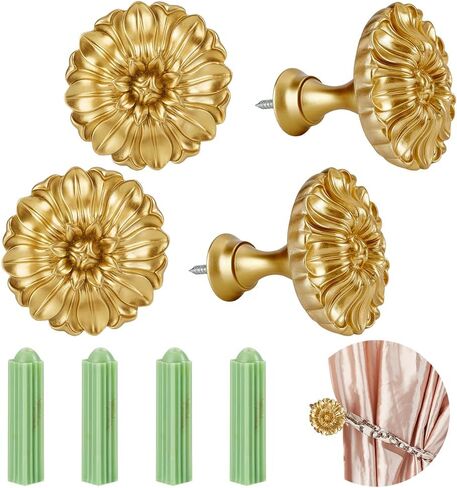 4 Pcs Vintage Curtain Holdbacks, Golden Floral Wall Mounted Curtain Holders with Screws and Wall Anchors Farmhouse Curtains Tiebacks for Drapes Window Treatment Holdbacks in Kuwait