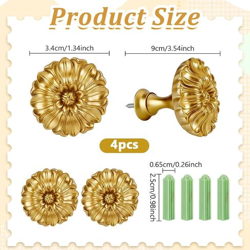 4 Pcs Vintage Curtain Holdbacks, Golden Floral Wall Mounted Curtain Holders with Screws and Wall Anchors Farmhouse Curtains Tiebacks for Drapes Window Treatment Holdbacks in Kuwait