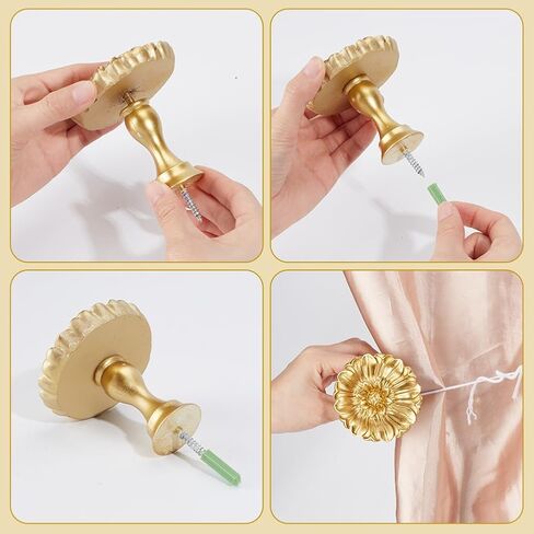 4 Pcs Vintage Curtain Holdbacks, Golden Floral Wall Mounted Curtain Holders with Screws and Wall Anchors Farmhouse Curtains Tiebacks for Drapes Window Treatment Holdbacks in Kuwait