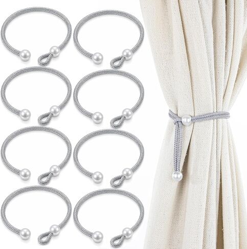 8Pcs Curtain Tie No Drilling for Drapes, Adjustable Curtain Rope Tiebacks Silver Curtain Holders Backs with Pearl for Home Hotel Office Living Room Bedroom in Kuwait
