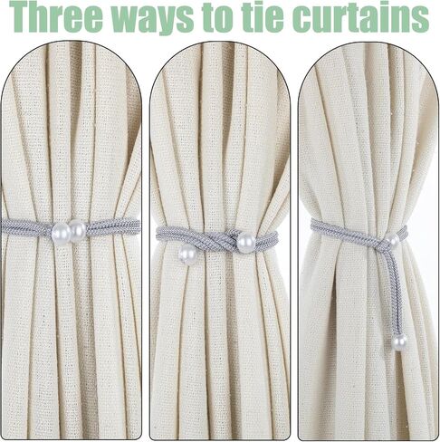 8Pcs Curtain Tie No Drilling for Drapes, Adjustable Curtain Rope Tiebacks Silver Curtain Holders Backs with Pearl for Home Hotel Office Living Room Bedroom in Kuwait